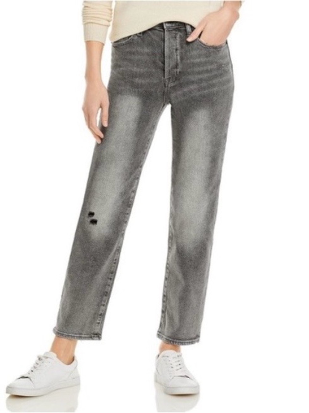 PISTOLA Distressed Gray High Rise Button Fly Straight Ankle Jeans, Size 27.